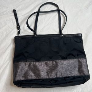 COACH BLACK SIGNATURE STRIPED Canvas TOTE BAG 12977 Handbag A050223
